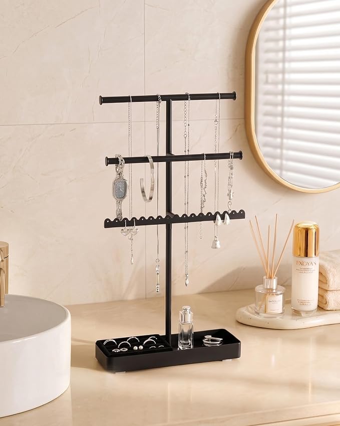 Lolalet 3-Tier Jewelry Organizer Stand, Metal Jewellery Holder, Dresser Display Rack for Necklace Earring Bracelets Rings, Gift for Women Girls -Black