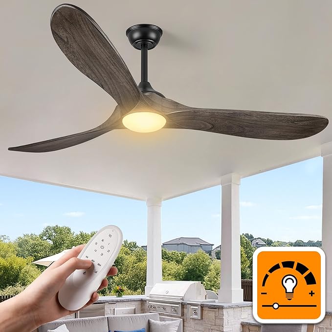 Haipeel 60 Inch Outdoor Ceiling Fans with Lights, Propeller Solid Wood Ceiling Fans with Light and Remote Control for Outdoor Ceiling Fan with Light for Patio Farmhouse, DC ETL Listed, Deep Brown