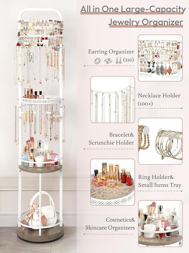Jewelry Holder Organizer, Floor Jewelry Organizer with Earring Organizer Necklace Holder, Rotating Jewelry Stand Necklace Display Earring Storage, Large Hanging Jewelry Tree for Jewlery Bracelet Ring