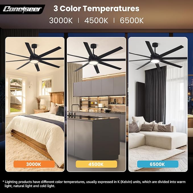 Modern Ceiling Fans with Lights, 72 Inch Ceiling Fan with Light and Remote, Bedroom Living Room Library Cafe Outdoor/Industrial,24W 6CCT Dimmable, 8 Blades 6 Speed Reversible Quiet DC Motor, Black
