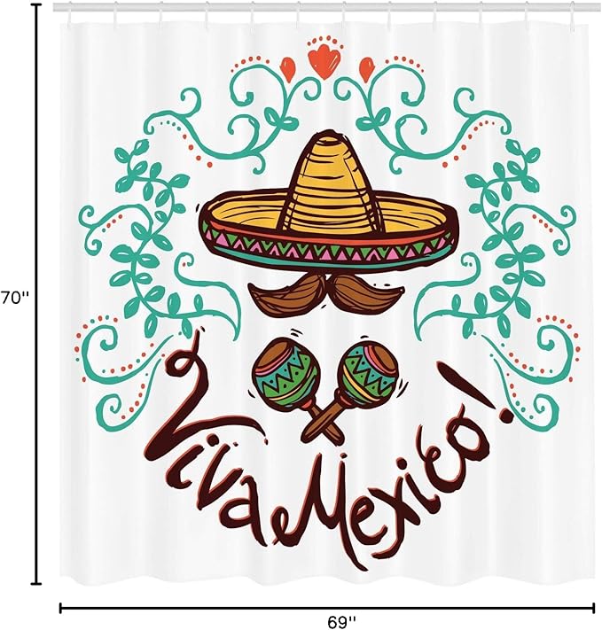 Ambesonne Mexican Shower Curtain, Mexico Style Sketch Floral Ornament Typography Design Hispanic Artwork, Cloth Fabric Bathroom Decor Set with Hooks, 69" W x 70" L, Seafoam Brown Orange