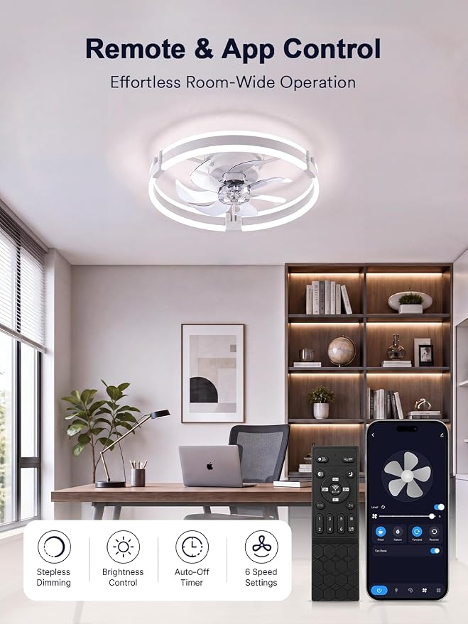 Bladeless Ceiling Fan with Light, 20 Inch Low Profile Flush Mount Fan White | Modern Small Ceiling Fan with Dimmable Light, 6 Speeds, Reversible Airflow, App and Remote Control for Dedroom Liveroom