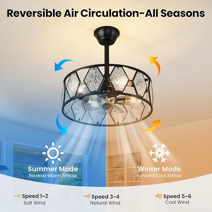 Crystal Caged Ceiling Fans Lights: 18.9'' Farmhouse Fandelier Ceiling Fan with Remote 6 Speeds Black Semi Flush Mount Industrial Chandelier Modern Low Profile Ventilador de Techo for Bedroom Kitchen