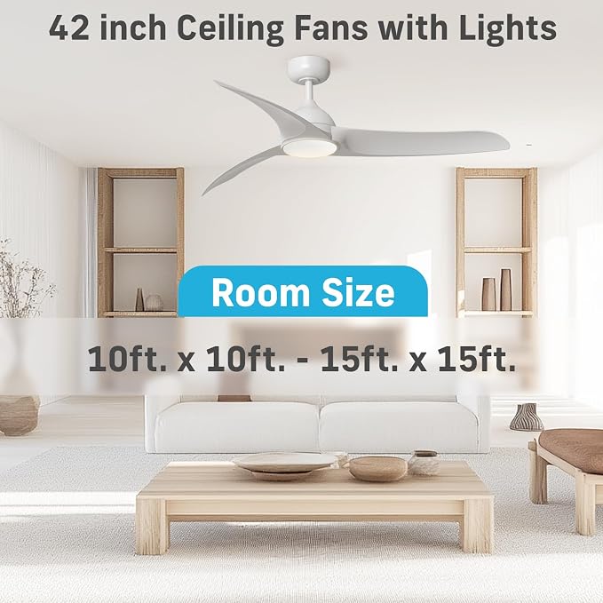Ceiling Fans with Lights, 42 inch Low Profile Ceiling Fan with Light and Remote Control, Flush Mount, 3CCT, Dimmable, Quiet Reversible Motor, White Ceiling Fan for Bedroom Indoor/Outdoor Use