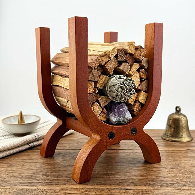Solid Wood Palo Santo Holder - Large Capacity Sage Bundle Storage Rack | Rustic Wooden Smudge Sticks Display Stand & Organizer for Altar Decor, Yoga Meditation Spiritual Gifts (Brown)