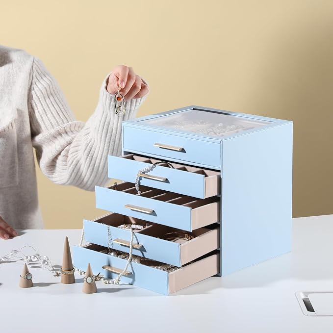 Frebeauty Jewelry Box for Women,Clear Lid Jewelry Organizer with 5 Drawers | Faux Leather,Velvet Lining,5-Layer Large Capacity,Jewelry Storage for Rings Earrings,Dustproof Design,Golden Stylish Handle