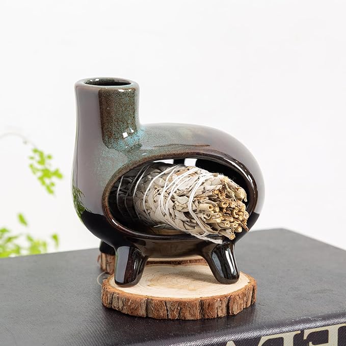 MOUGIGI Handcrafted Ceramic Palo Santo Holder Burner with Green Glaze - Modern Footed Pottery Incense Chimney Dish - Great for Meditation - Wood Sticks, Sage, Ash Catcher Bowl, Cone Compatible.