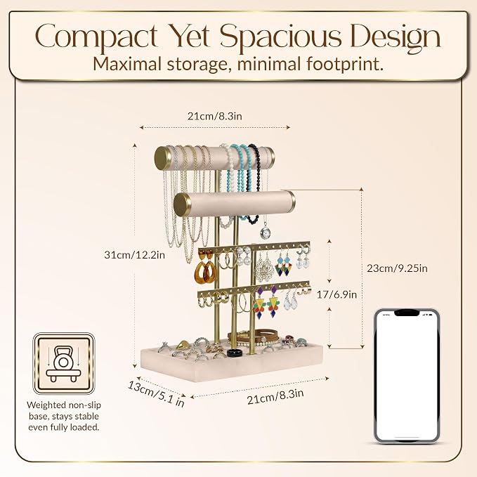 Jewelry Tower Stand Organizer for Women - Soft Touch Velvet Elegant Jewelry Holder Display with Necklace Holder, Earring Organizer & Bracelet Rack - Tabletop Stand for Dresser, Vanity, Desk - Beige