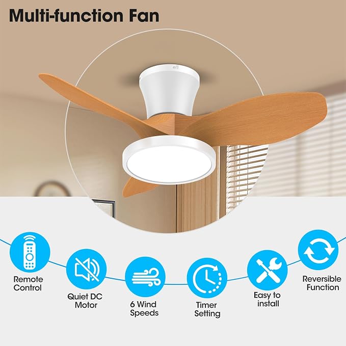 ocioc Quiet Ceiling Fan with LED Light DC motor 32 inch Large Air Volume Remote Control Oak for Kitchen Bedroom Dining room Patio