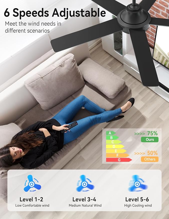 AKOFUN Ceiling Fans with Lights and Remote, Low Profile Ceiling Fan with Light, 6 Speed, Dimmable, DC Motor, Quiet, Timer, Modern LED Ceiling Fan for Bedroom Living Room 52 inch, Black