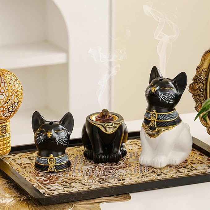 Egyptian Cat Statue Incense Burner, Vintage Resin Meditating Cat Incense Cone Holder, Home Office Aromatherapy Decor for Zen Yoga Spa (Black White)