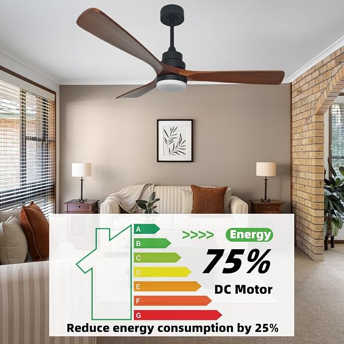 52-inch Ceiling Fan with Light, Remote Control, DC Silent Motor, 3 Solid Wood Blades, LED dimmable and Color-Adjustable, Suitable for Living Rooms, Dining Rooms and bedrooms.(Dark Walnut, 52 inch)