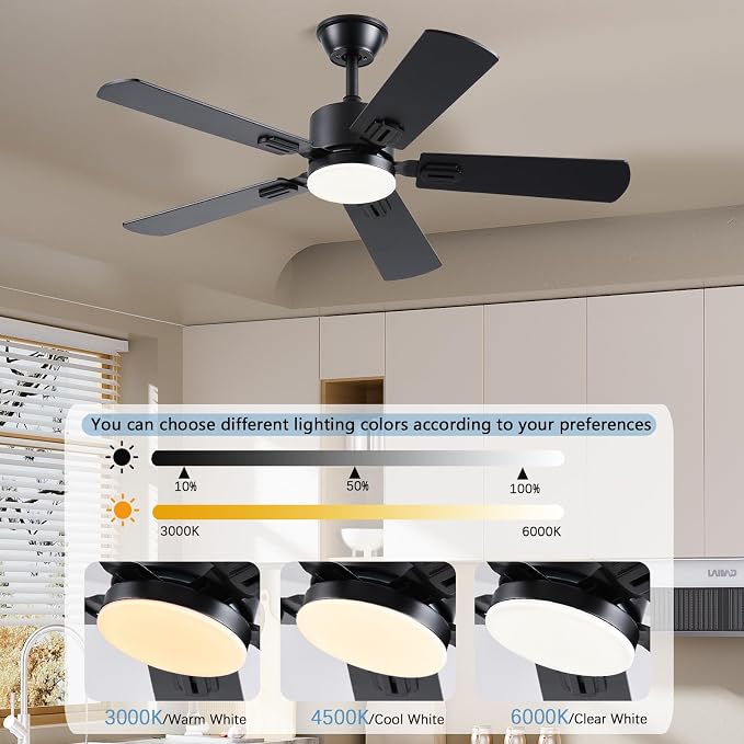 FUMLTP 42 inch Modern Ceiling Fans with Lights APP/Remote Control, Low Profile Reversible 6 Speeds Ceiling Fan Light for Indoor/Outdoor Patio Bedroom Living Room,Black