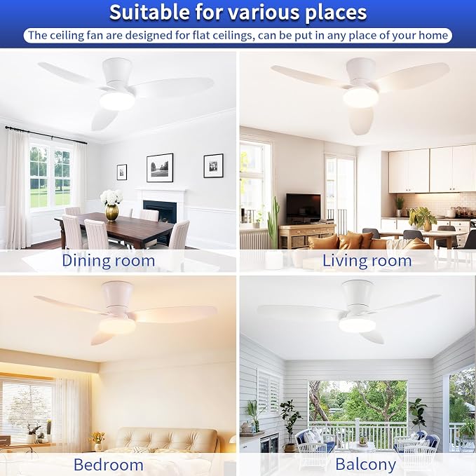 40 inch Ceiling Fan with Lights, Flush Mount with Remote Control | 3 Blades, 6 Speeds, Reversible Quiet DC Motor, Dimmable, 3000-6000K Adjustable, Timer, for Bedroom Dining Room Home Office