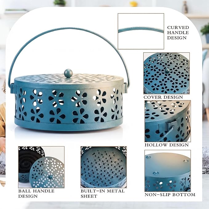 Lallisa 4 Pieces Mosquito Coil Holder Incense Coil Holder Retro Portable Round Metal Hanging Incense Burner Holders with Handle for Home Indoor Outdoor Camping Patio (Blue)