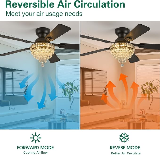 52“ Crystal Ceiling Fans with RGB Lights, Remote/App Control, Modern Fandelier Flush Mount, Reversible DC Motor, Dimmable, Noiseless Ceiling Fan for Bedroom, Living Room (Black)