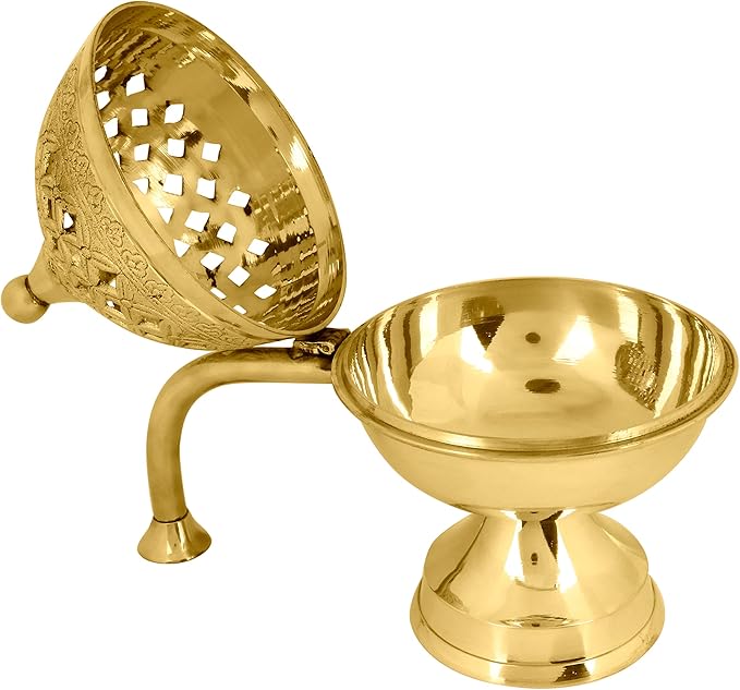 SATVIK 1 Pc Pure Brass Antique Incense Holder Large Dhuni Burner with Long Brass Handle Handheld Puja Dhuna Agarbatti Dhoop Pot Dhuni Stand Indian Diwali Festive Housewarming Return Gift Items Bulk