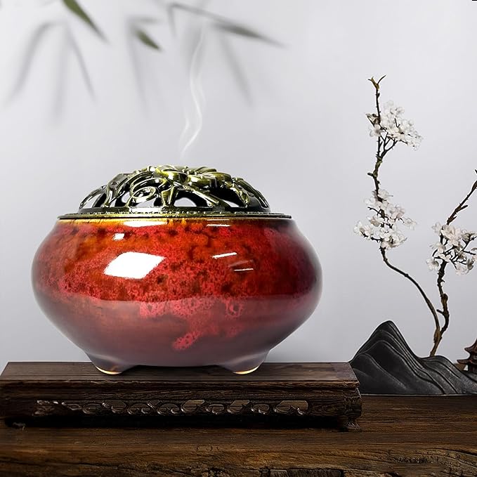 Ceramic Incense Burner, Bowl Burner,Cone Incense Burner with Brass lid for use with Stick or Cone-Shaped Incense，Lotus Incense Stick Holder Calabash Incense Stick Holder, 3pc (Fambe Red)
