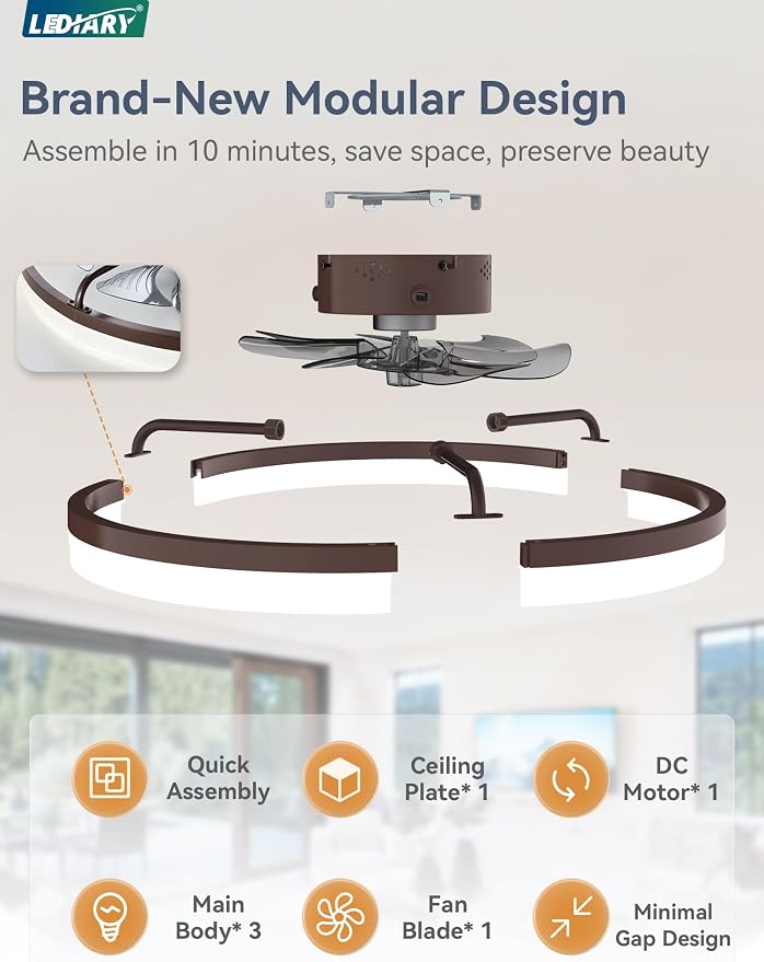 LEDIARY Ceiling Fans with Lights, 23 inch Low Profile Flush Mount Ceiling Fan, Dimmable LED, APP & Remote Control, Quiet Reversible DC Motor, 6 Speeds, Fandelier for Bedroom, Brown