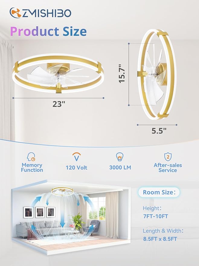 ZMISHIBO RGB Ceiling Fans with Lights and Remote, 23 inch Low Profile Ceiling Fan with Light, 3000K-6000K Dimmable & RGB, Modern Fandelier Flush Mount Ceiling Fan, Small LED Fan for Bedroom,Gold