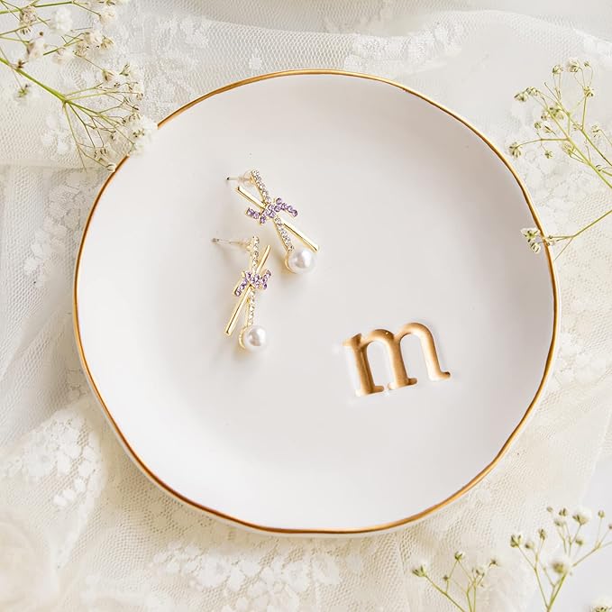 COLLECTIVE HOME Ceramic Jewelry Tray, Trinket Dish, Gifts for Women (M) | Mother's Day, Birthday, Christmas, Engagement Gifts, Vanity, Nightstand Decor, Embossed Gold Monogram Ring Dish with Gift Box