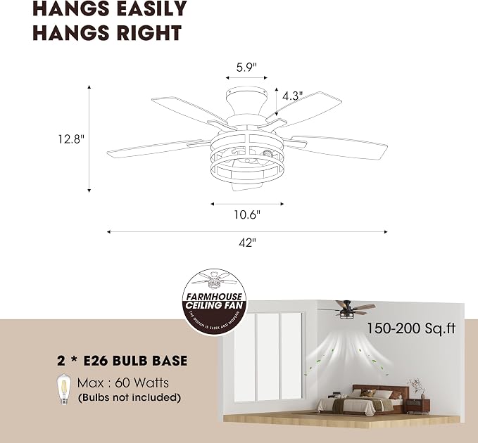 42 Inch Flush Mount Ceiling Fans with Lights and Remote Control, Farmhouse Ceiling Fan with LED Lighting for Bedroom Living Room and Patio, Black Caged Ceiling Fan for Indoor and Outdoor(NO Bulbs)