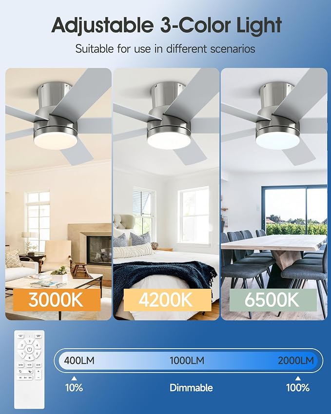 42 Inch Flush Mount Brushed Nickel Ceiling Fan with Light and Remote | 6-Speed Quiet Reversible DC Motor, Dimmable 3CCT LED, 3 Timing Settings, 5-Blade Modern Design, Indoor or Covered Outdoor Use