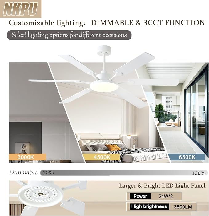 60 Inch Ceiling Fans with Lights, Large Modern White Ceiling Fan with Light and Remote Control, 6 Double Sided Blades, 6 Speed Reversible Motor, Dimmable LED, Silent Timing, Indoor Outdoor Patio Use