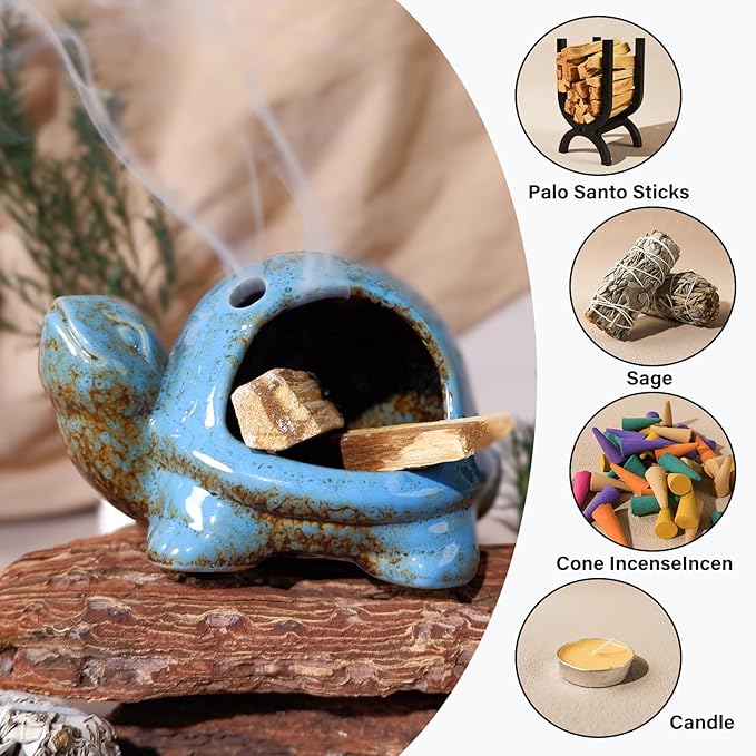 MOUGIGI Blue Ceramic Turtle Palo Santo Burner - Mini Chiminea, Burns Palo Santo、Sage、Incense Cones, Doubles as Small Candle Holder for Energy Cleansing、Yoga、Meditation、Zen、Altar Aromatherapy