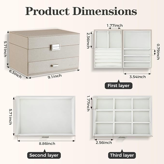 Dajasan Jewelry Organizer Box, Large Jewelry Boxes for Women Girls, Space-Saving 3 Layers Jewelry Storage Case with Drawer, Movable Metal Stand, Modern, Gift Idea (Champagne)