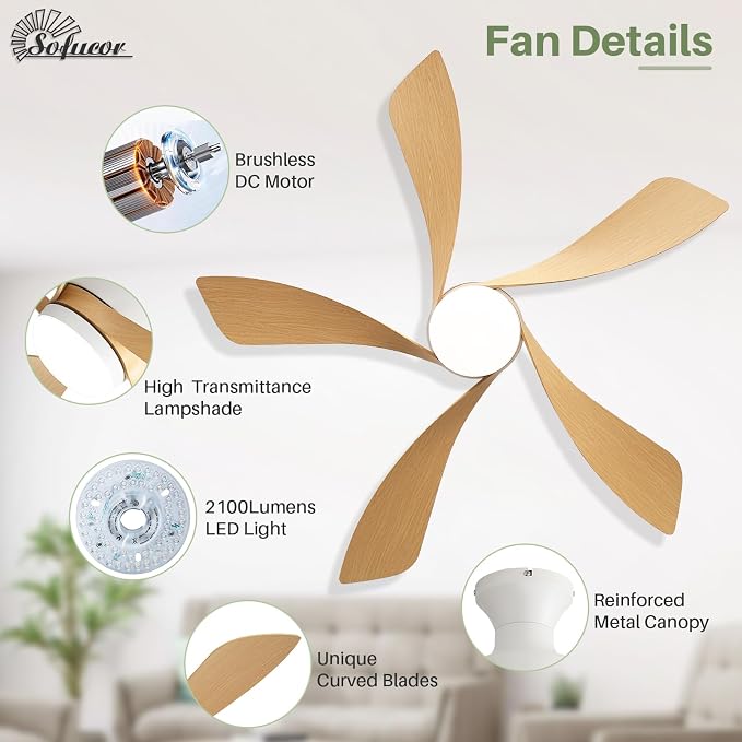 Sofucor 42 Inch Low Profile Ceiling Fan with Light, Modern Flush Mount Outdoor Ceiling Fan with Remote for Bedroom Living Room Patio, Dimmable LED High Airflow Quiet Reversible DC Motor