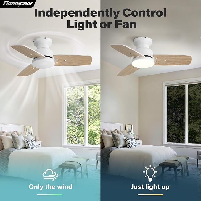 Conciseer 30 Inch Ceiling Fans with Lights and Remote, Bedroom Living Room Office, Flush Mount, 6CCT Dimmable, Dual Color 3 Blades, 6 Speed Reversible Quiet DC Motor, White/Wood Grain, 2 Pack