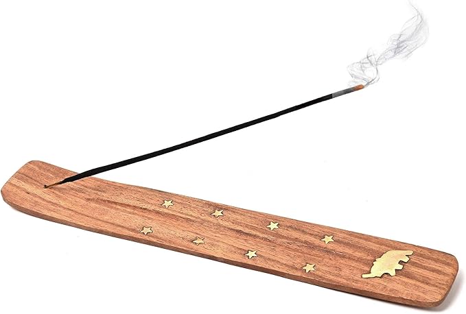 Incense Garden Wooden Incense Holder for Sticks with Inlays of Brass Sun 10 inches Long (Elephant)