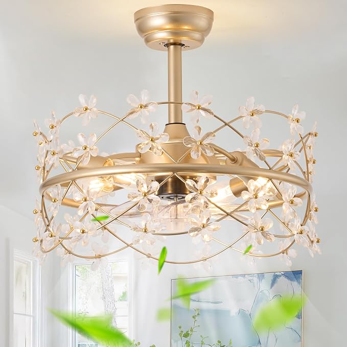 20" Gold Fandelier Ceiling Fans with Lights, Flower Chandelier Ceiling Fan | 6 Speeds, Reversible Motor, Timer, Remote,Vintage Gold Flower Caged, Quiet Fandelier For Girl's Bedroom, Nursery, Living Room