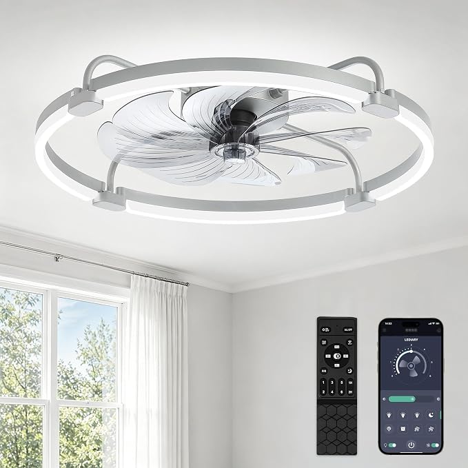 LEDIARY Ceiling Fans with Lights and Remote, Low Profile fan Light, Grey | 24 Inch 3000K-6000K Stepless Dimmable Fandelier, Reversible DC Motor, Remote and APP Control, Bedroom Kitchen Living Room