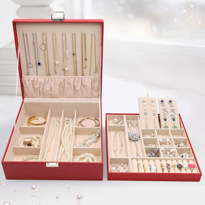 ProCase 2 Layers Jewelry Box for Women -Red | Large Leather Jewelry Organizer Storage Case with Removable Pad for Earrings