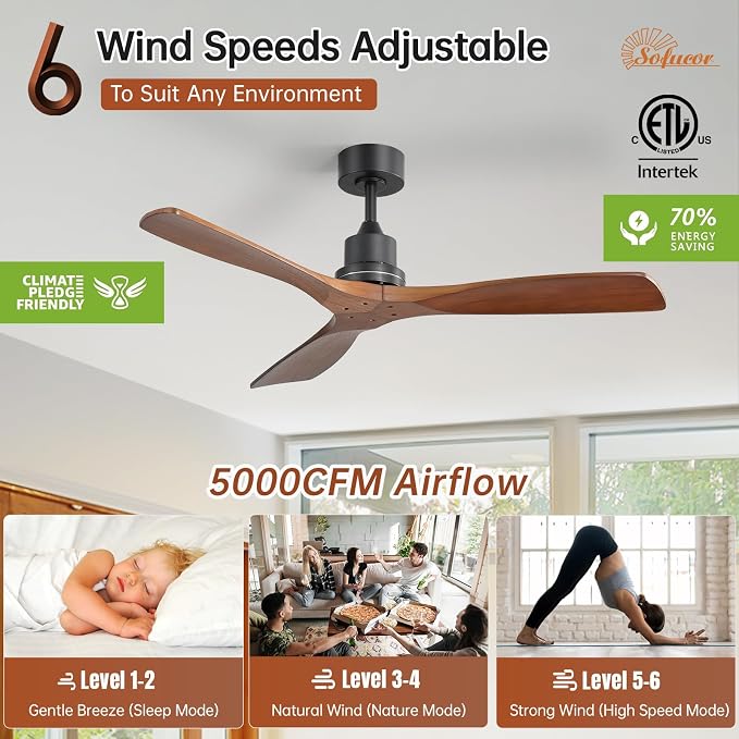 Sofucor 52 Inch Ceiling Fan No Light - Modern Solid Wood Ceiling Fan with Remote, 5000CFM High Airflow, Quiet DC Motor, 3 Rods & 6 Speeds, Timer & Reversible for Bedroom Living Room, ETL, Walnut