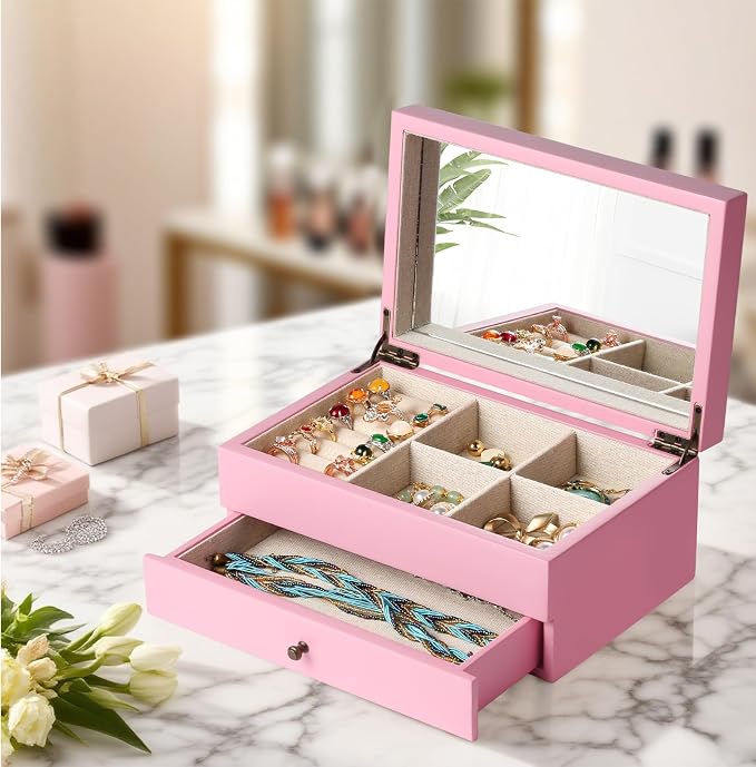 Meangood Jewelry Box Organizer for Women, 2 Layer Large Jewelry Storage Case, Rustic Wooden Jewelry Box with Mirror & Ring Tray for Necklace Earring Bracelets Rings, Vintage Style (Pink)