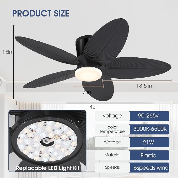 Surtime Palm Leaf Ceiling Fans with Lights-42 Tropical Ceiling Fan with Light and Remote/APP Control,Flush Mount Low Profile Black Ceiling Fans for Bedroom,Indoor/Outdoor Patio Use
