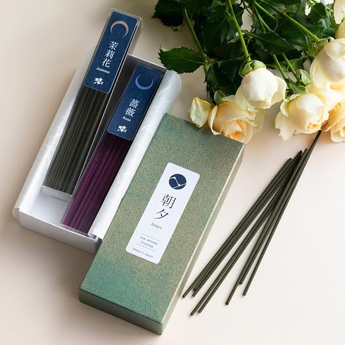 Asayu Japan Low Smoke Incense Gift Set with Incense Holder and Brass Stand, Floral Set (Jasmine & Rose) Incense Sticks with Mini Nature Aquamarine Incense Holder