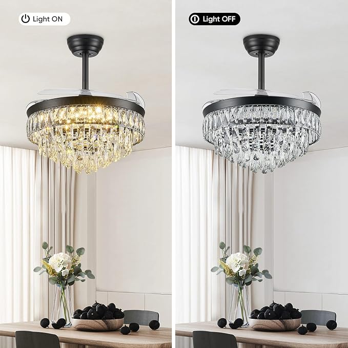 42'' Chandelier Ceiling Fan with Lights, Retractable Fan with Remote and APP, Crystal Fandelier Ceiling Fan, Dimmable LED, Reversible Motor, Quiet for Bedroom Living Room-Black