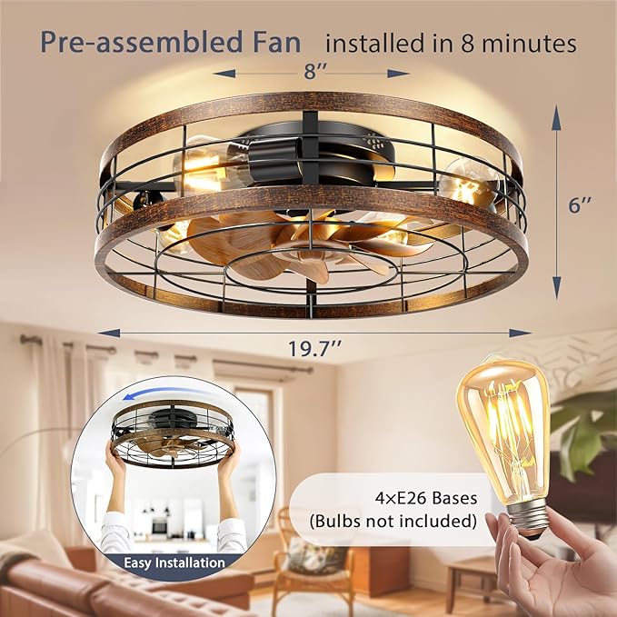 VOLISUN Farmhouse Caged Ceiling Fans with Lights Flush Mount, 19.7'' Rustic Low Profile Ceiling Fan with Light and Remote, Bladeless Fandelier Ceiling Fans with Lights for Kitchen, Bedroom-Gold
