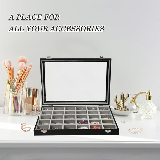 Stratalife 30 Grid Earring Organizer, Jewelry Holder Organizer with Lid | PU Leather Storage Box for Earring, Ring, Studs and Trinkets, Soft Velvet Drawer Organizer for Women, Dustproof, Gray Black