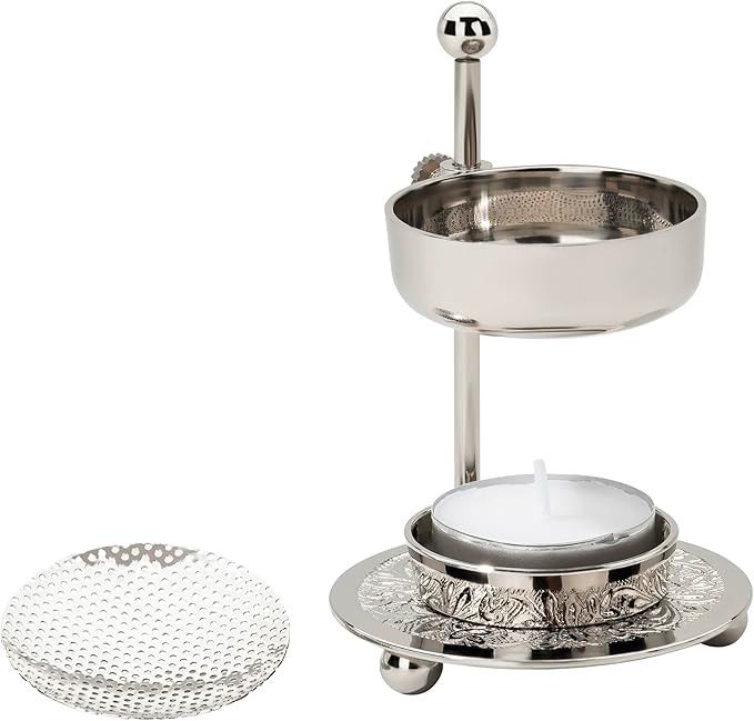 Premium Handmade Nickel-Plated Brass Incense Burner [Silver] with Adjustable Height (4.33 inch) – Includes Screen and Tealight for Perfect Smoking Experience