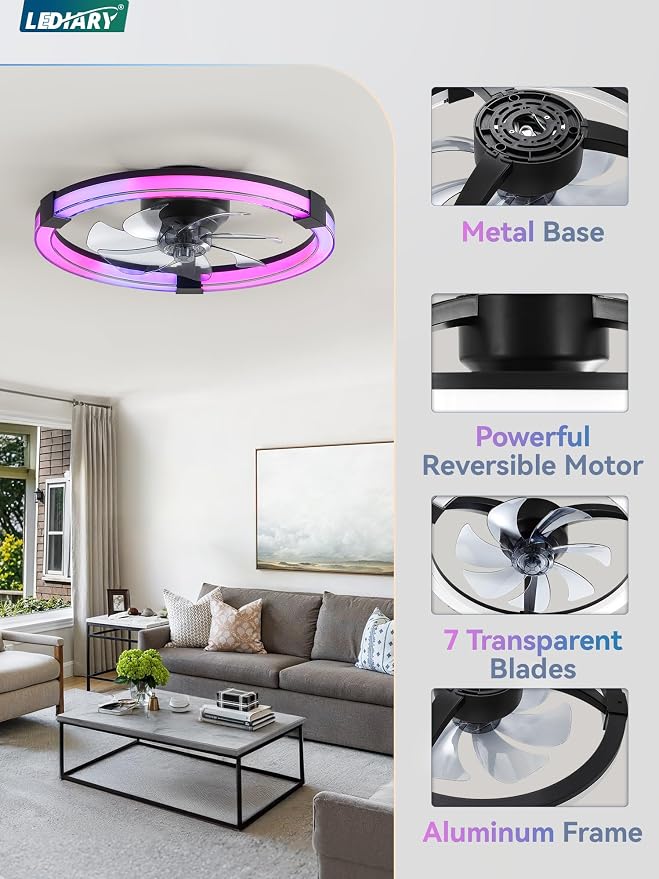 LEDIARY Ceiling Fan with Light,20inch Low Profile Fandelier with Remote RGB | Black RGB,6 Speeds, Reversible DC Motor, Dimmable Flush Mount Fan Light, Modern fans for Bedroom