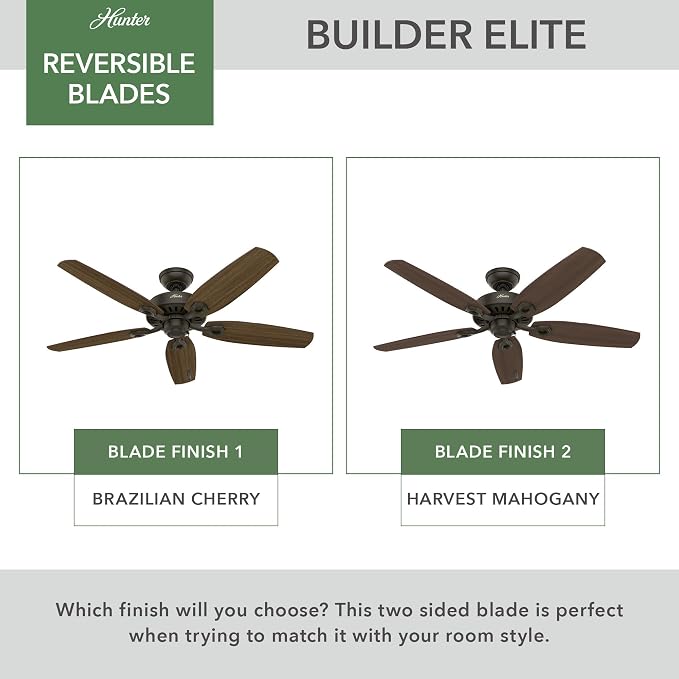 Hunter Builder Elite, Indoor, Ceiling Fan, No Light, 52 inch, New Bronze | Standard Mount, Pull Chain, 5 Blades, For Bedroom, Living Room, Kitchen, 53242