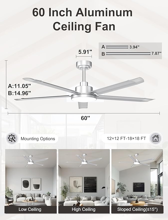 Ohniyou 60'' Industrial Ceiling Fan with Light for Patio, Porch, Silver | 6800 CFM Airflow, 35dB DC Motor, 5 Aluminum Blades, 3CCT Dimming, Remote/APP Control, Covered Outdoor Metal Fan