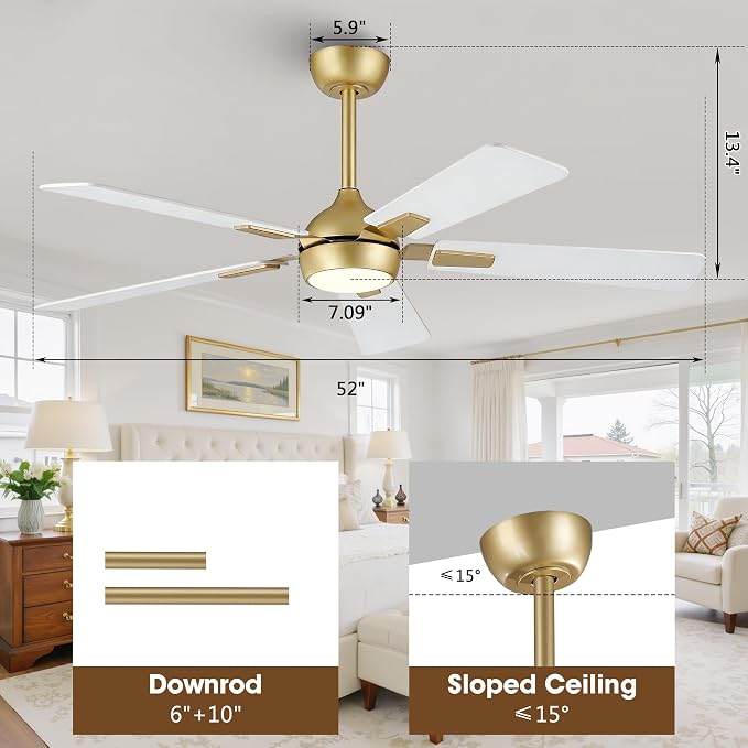 52" White Gold Ceiling Fan with Light and Remote, DC Motor Ceiling Fan with LED Light, 6-Speed Reversible, Dimmable 3CCT, Modern Ceiling Fan for Bedroom Living Room