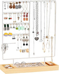 ProCase Jewelry Organizer Stand Earring Holder Organizer, 6 Tiers Earring Organizer Tree Necklace Rack Jewellery Tower Bracelets Holder Storage with Removable Wooden Ring Tray for Women Girls -White