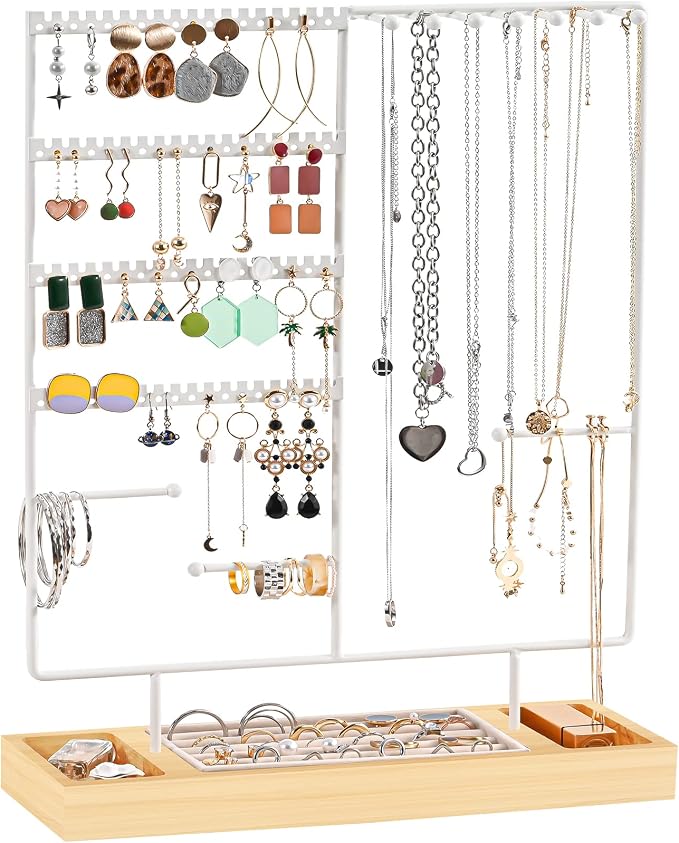 ProCase Jewelry Organizer Stand Earring Holder Organizer, 6 Tiers Earring Organizer Tree Necklace Rack Jewellery Tower Bracelets Holder Storage with Removable Wooden Ring Tray for Women Girls -White
